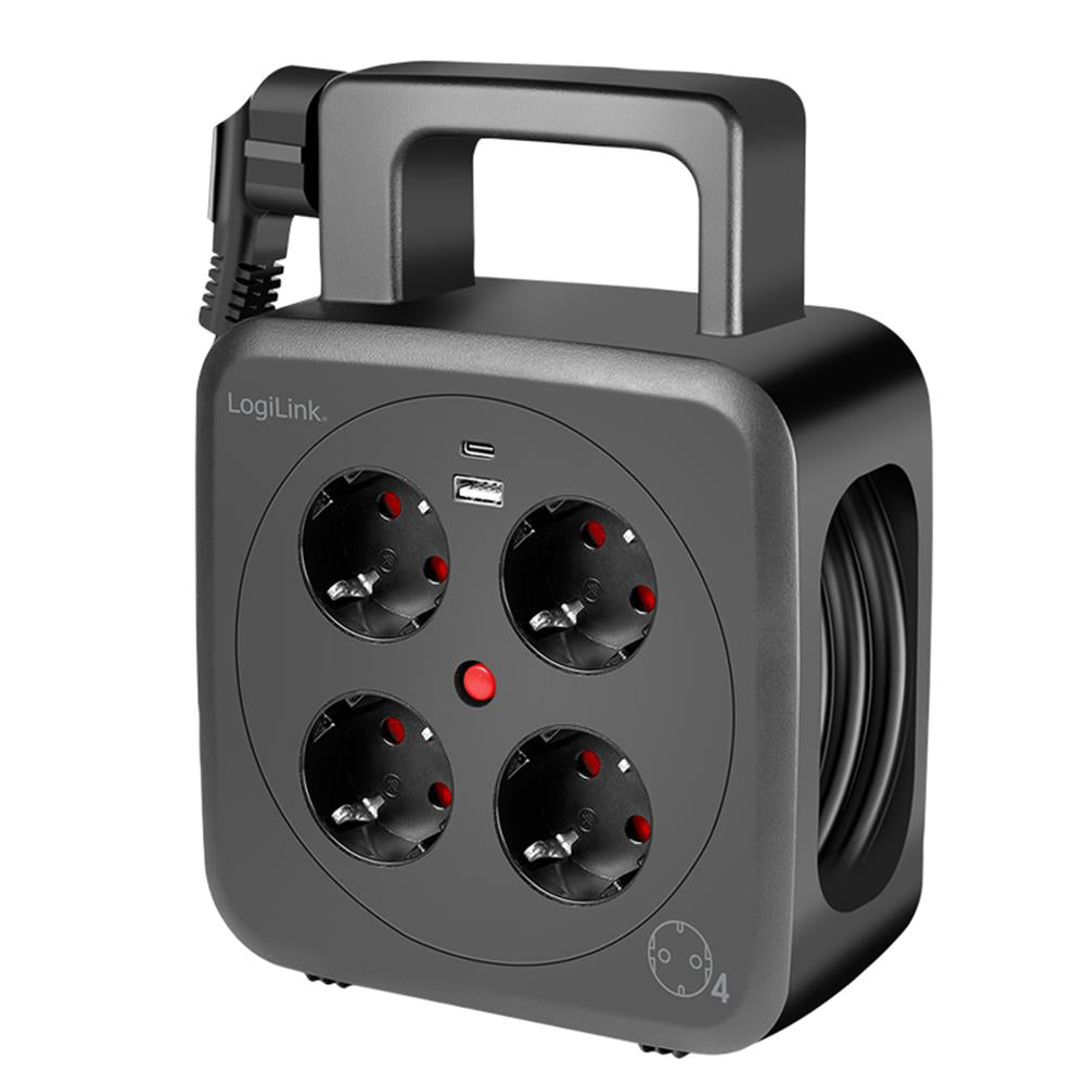 LogiLink Kabeltrommel 5 m, 4 Steckdosen, USB-A & USB-C, IP20, 3000 W