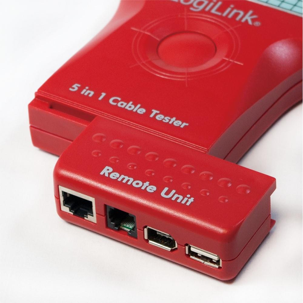 LogiLink Kabeltester 5-in-1, RJ45, RJ11, USB, BNC, FireWire, mit Remote Einheit