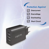 LogiLink Steckdosenadapter 4-fach-USB mit USB-C und 3x USB-A, 27W, Schwarz