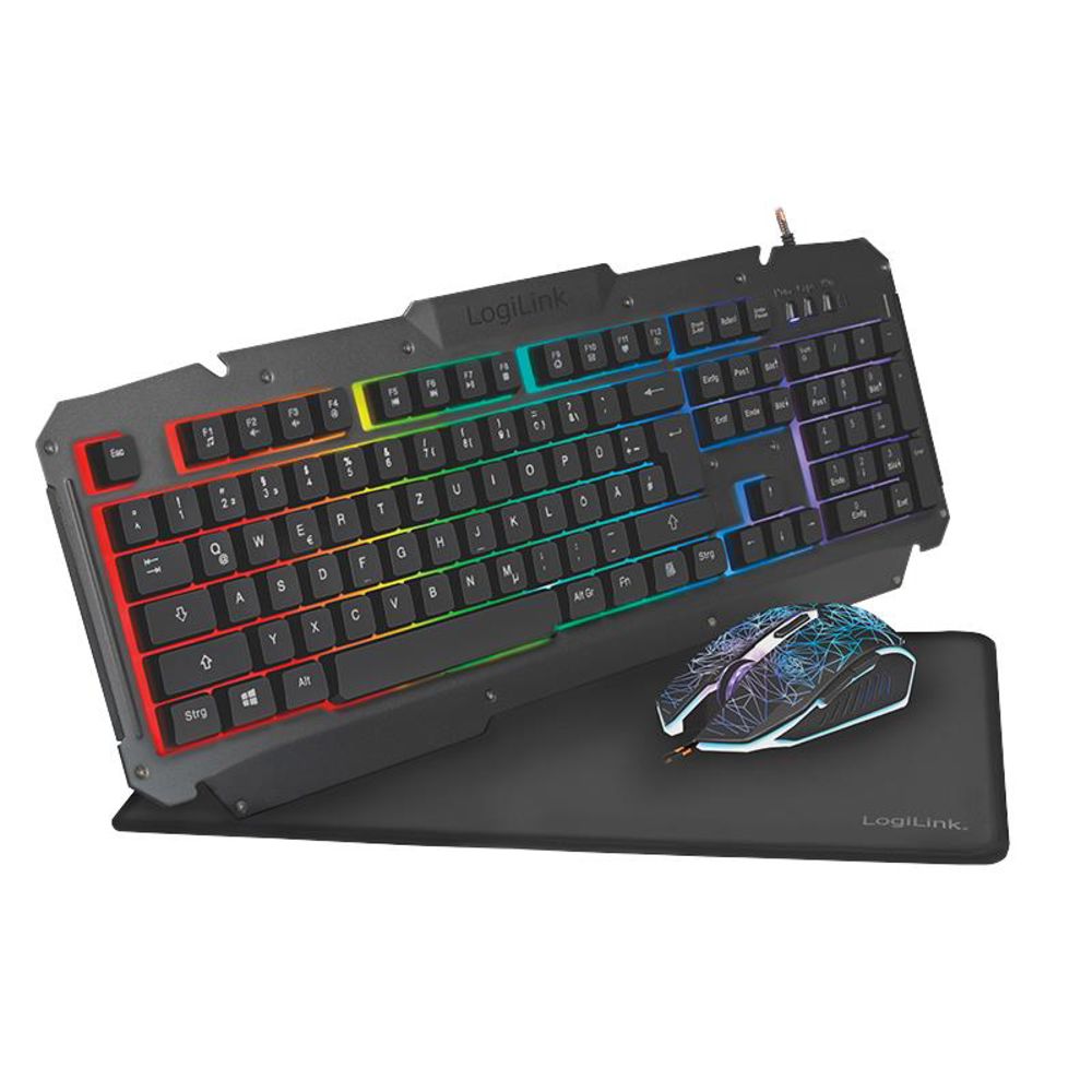 LogiLink Gaming Set: Tastatur Metalloberfläche RGB + Mauspad + Gaming-Maus RGB 2400dpi