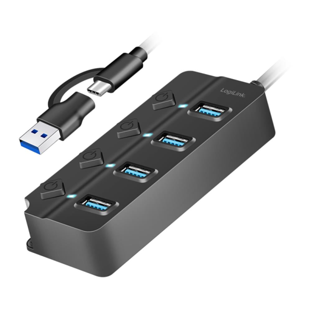 LogiLink USB 3.2 Gen1 Hub, 4 Ports mit Ein-/Aus-Schalter, Schwarz