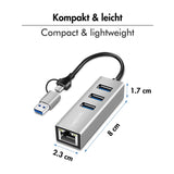 LogiLink USB 3.2 Gen1 Hub mit RJ45, 3x USB-A, 2-in-1 Kabel, Silber