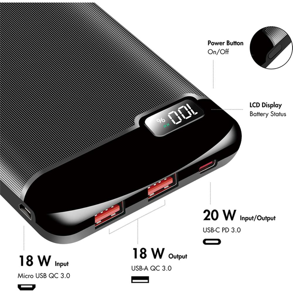 LogiLink PA0286 Powerbank 10000 mAh, 2x USB-A, 1x USB-C, mit Display, PD & QC, schwarz