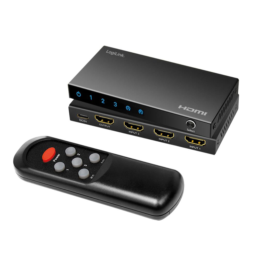LogiLink HDMI-Switch – 3x1-Port, 4K/60 Hz, HDR, HDCP, CEC, inkl. Fernbedienung