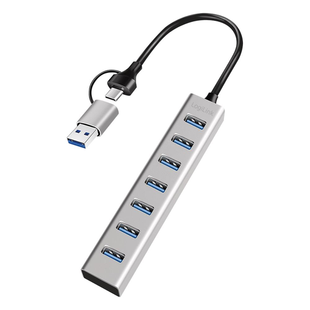 LogiLink USB 3.0 Hub, 7 Ports, 2-in-1 Kabel, 5 Gbit/s, Silber
