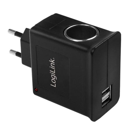 LogiLink Steckdosenadapter mit 2x USB-Ports und Zigarettenanzünderbuchse, 12W