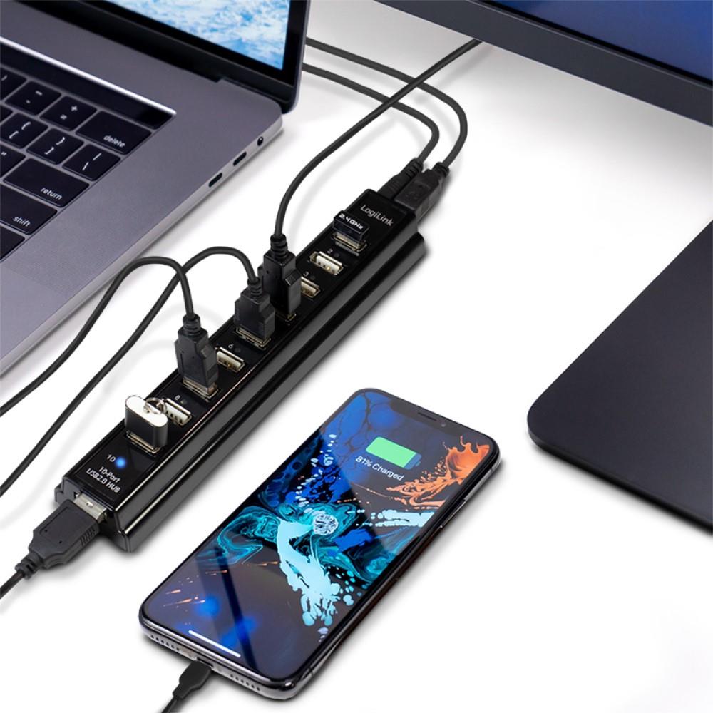 LogiLink USB 2.0 Hub 10-Port mit Netzteil aktiv schwarz