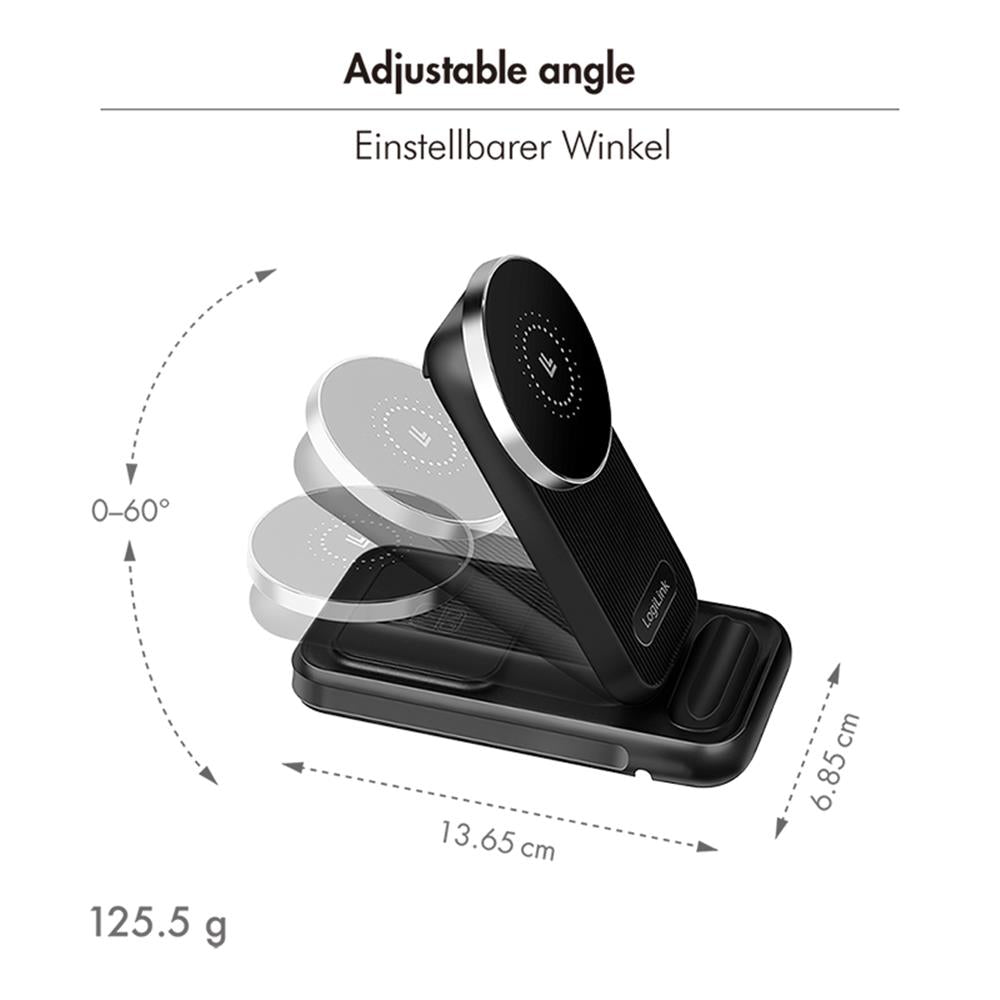 LogiLink 4-in-1 Ladestation – MagSafe kompatibel, kabellos, max. 20,5 W, schwarz