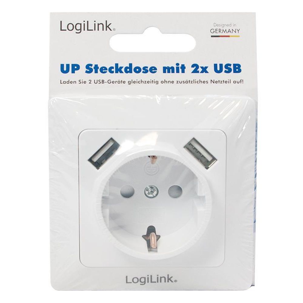 LogiLink Unterputz-Steckdose mit Schutzkontaktbuchse und 2x USB-A, Einbautiefe: 38mm, Weiß