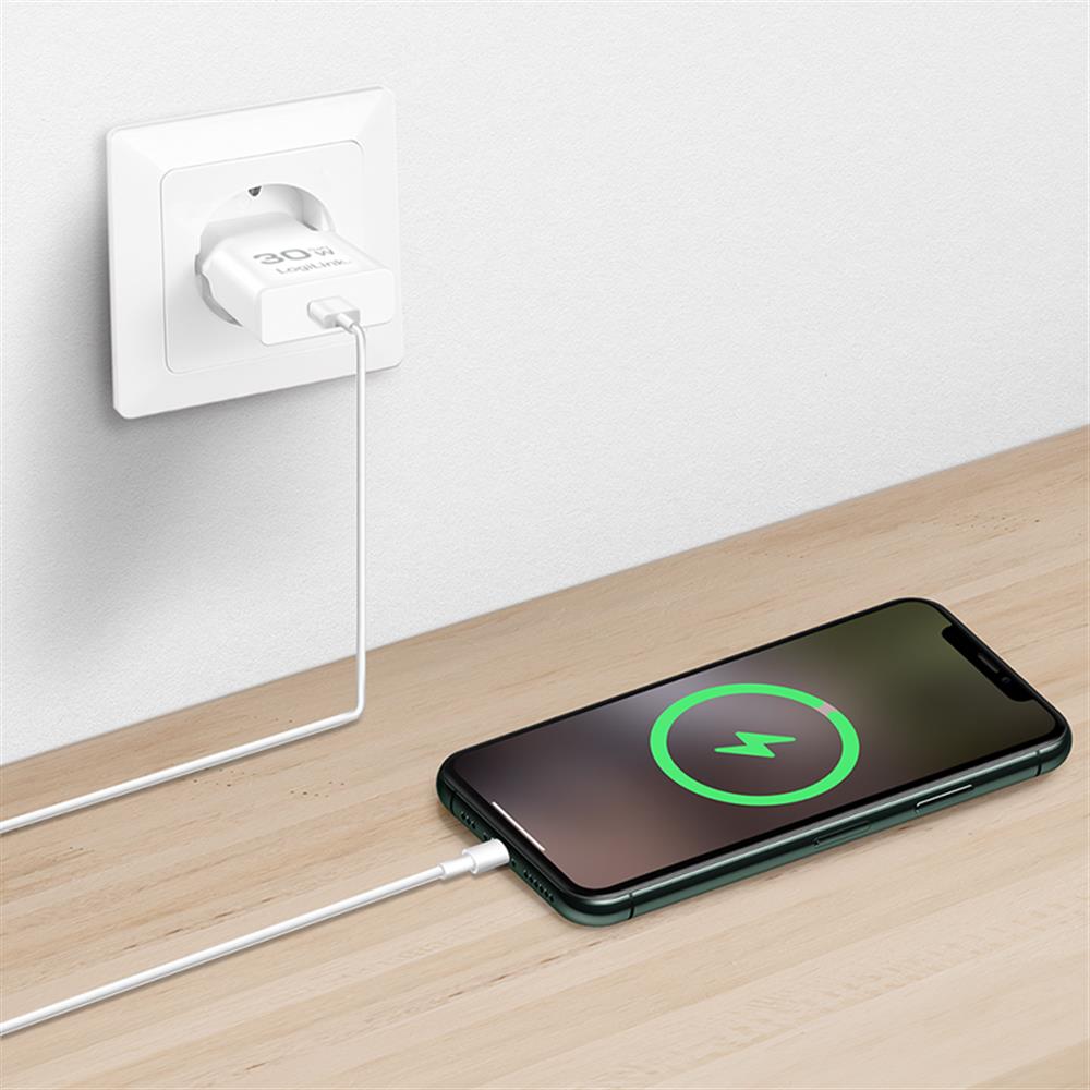 LogiLink USB-C Steckdosenadapter, 30 W, GaN, Power Delivery, Weiß