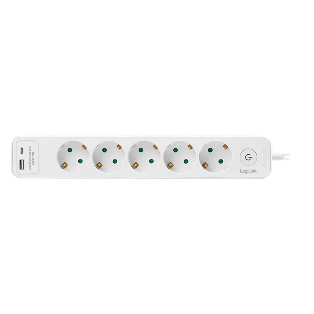 LogiLink Steckdosenleiste 5-fach mit USB-A & USB-C, Schalter, 1,5 m, Weiß
