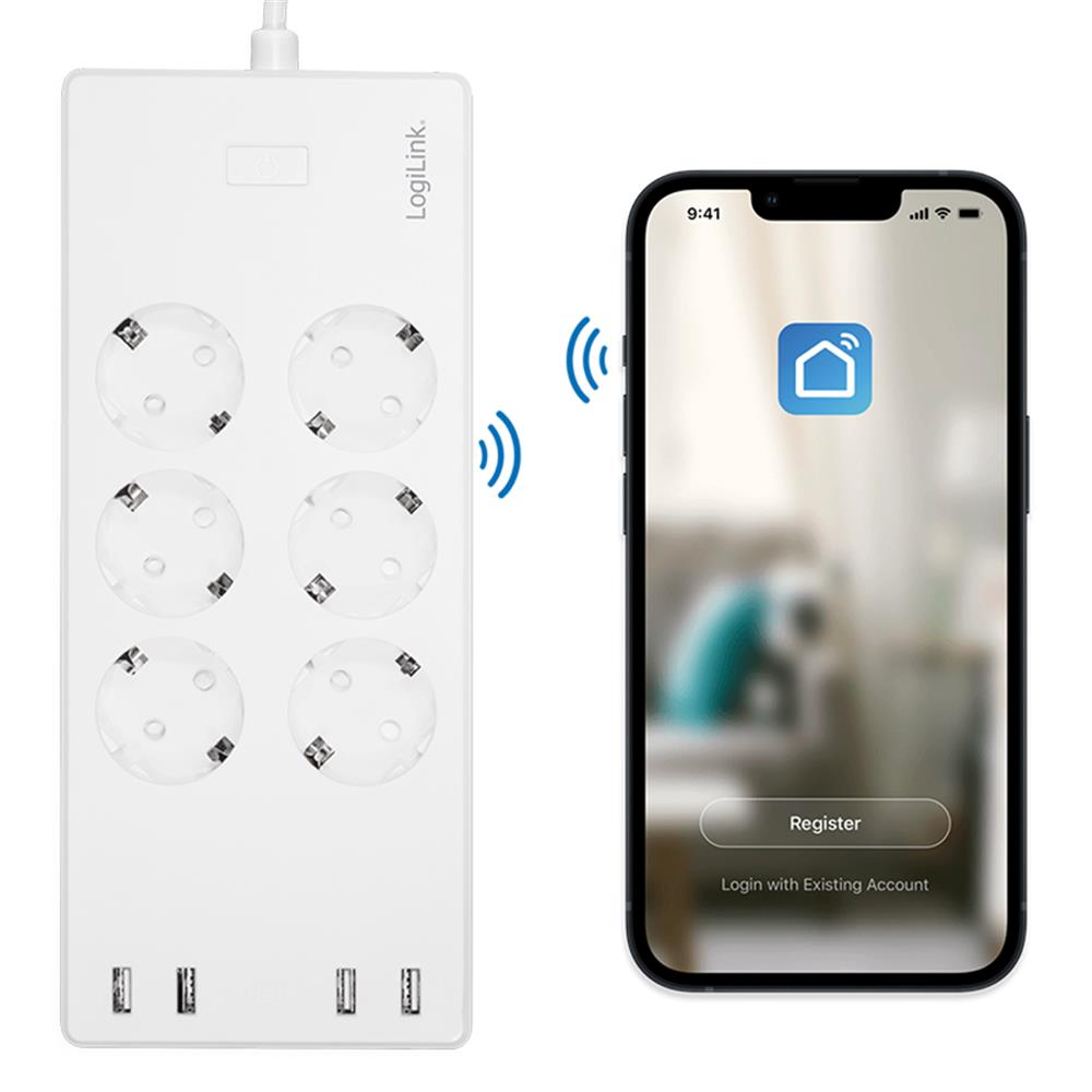 LogiLink Smart Home Wi-Fi Smart Steckdosenleiste 6-fach mit 4x USB, Tuya kompatibel