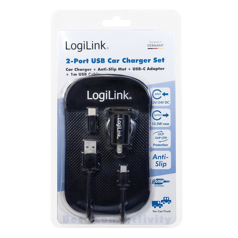 LogiLink Kfz Adapter 2x USB 10.5W + Antirutschmatte + Kabel USB-A Micro-B USB-C