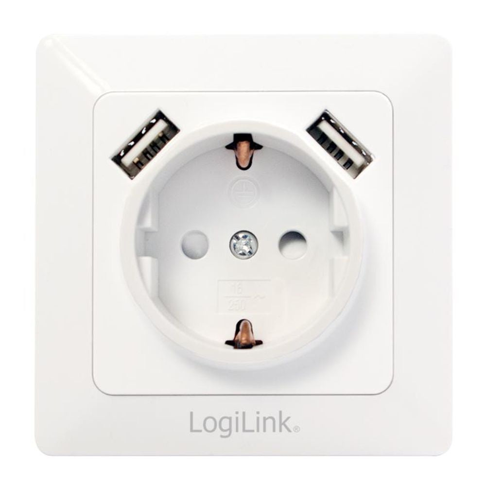 LogiLink Unterputz-Steckdose mit Schutzkontaktbuchse und 2x USB-A, Einbautiefe: 38mm, Weiß