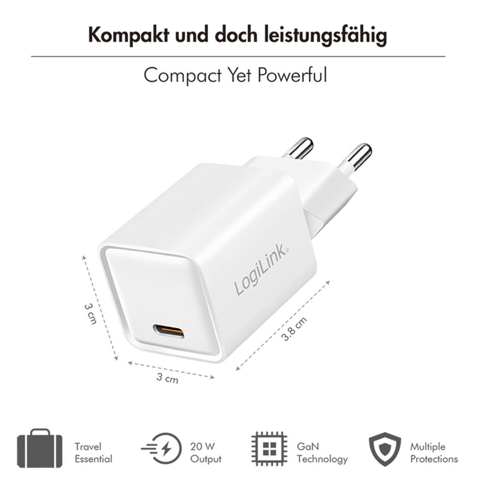 LogiLink USB-C GaN Ladegerät 20W PD+QC 3.0, Weiß