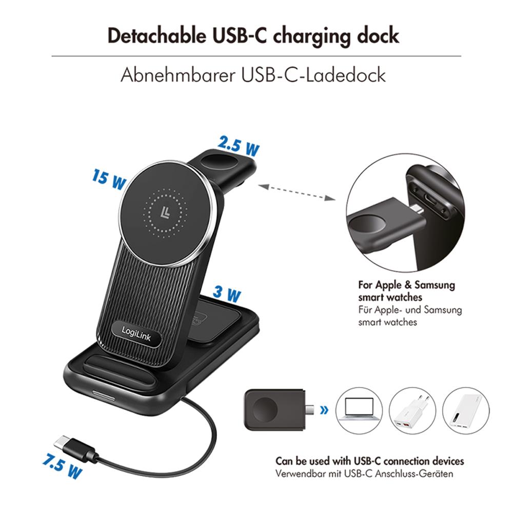 LogiLink 4-in-1 Ladestation – MagSafe kompatibel, kabellos, max. 20,5 W, schwarz