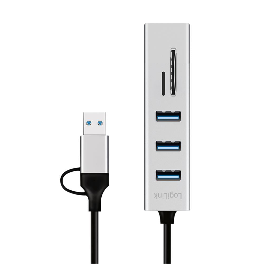 LogiLink USB 3.0 Hub mit Kartenleser, 3 Ports, 2-in-1 Kabel, Silber