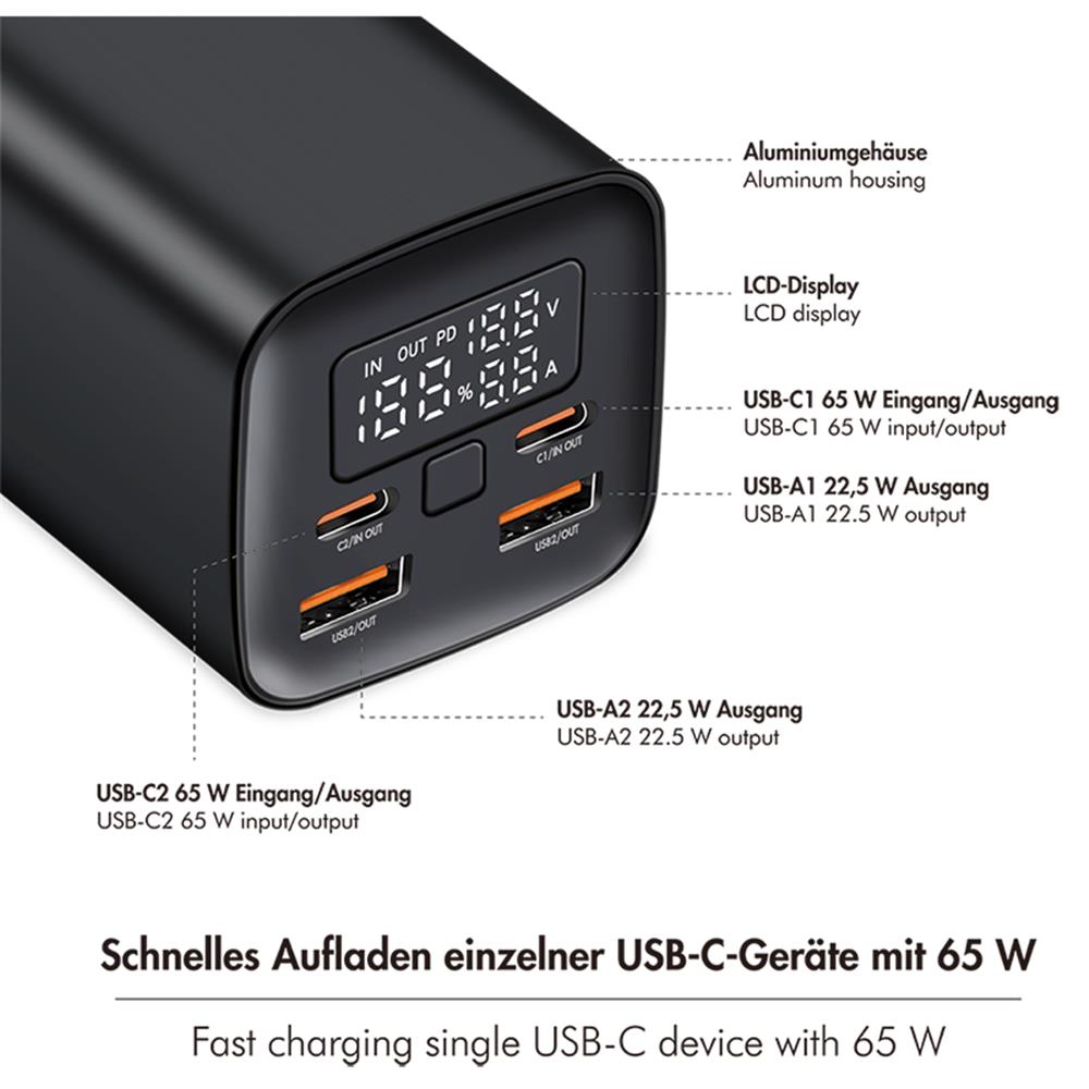 LogiLink Powerbank 20.000 mAh, QC 3.0 & PD 3.0, 65 W Schnellladen, Schwarz