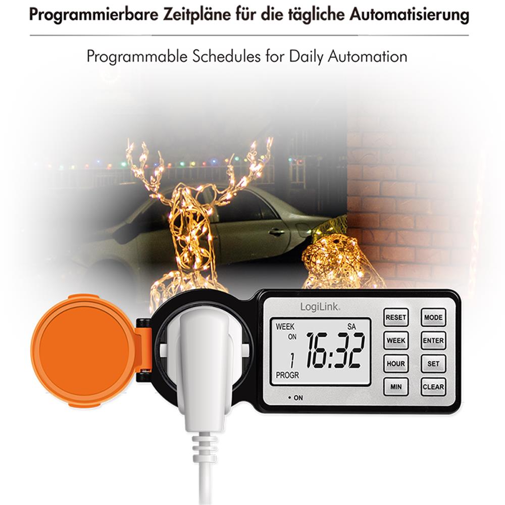 LogiLink Outdoor-Zeitschaltuhr mit LCD-Display, IP44, 3600 W, Schwarz/Orange