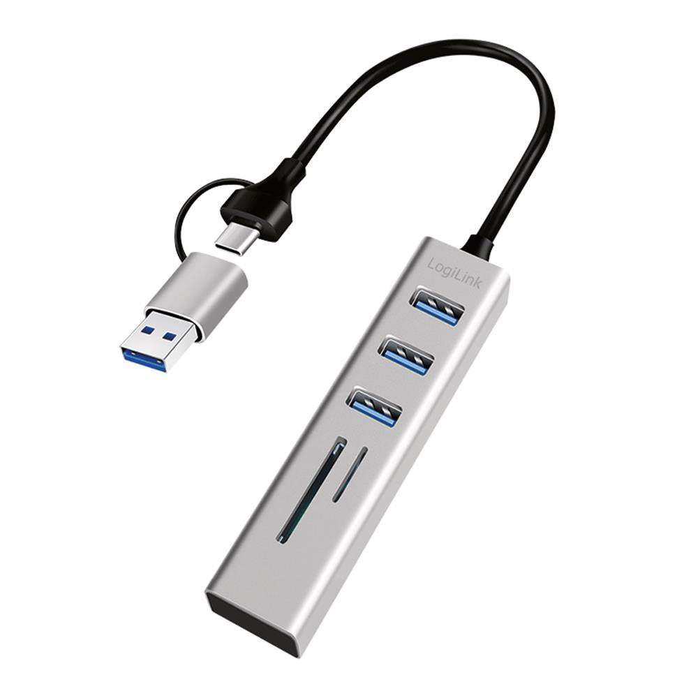 LogiLink USB 3.0 Hub mit Kartenleser, 3 Ports, 2-in-1 Kabel, Silber