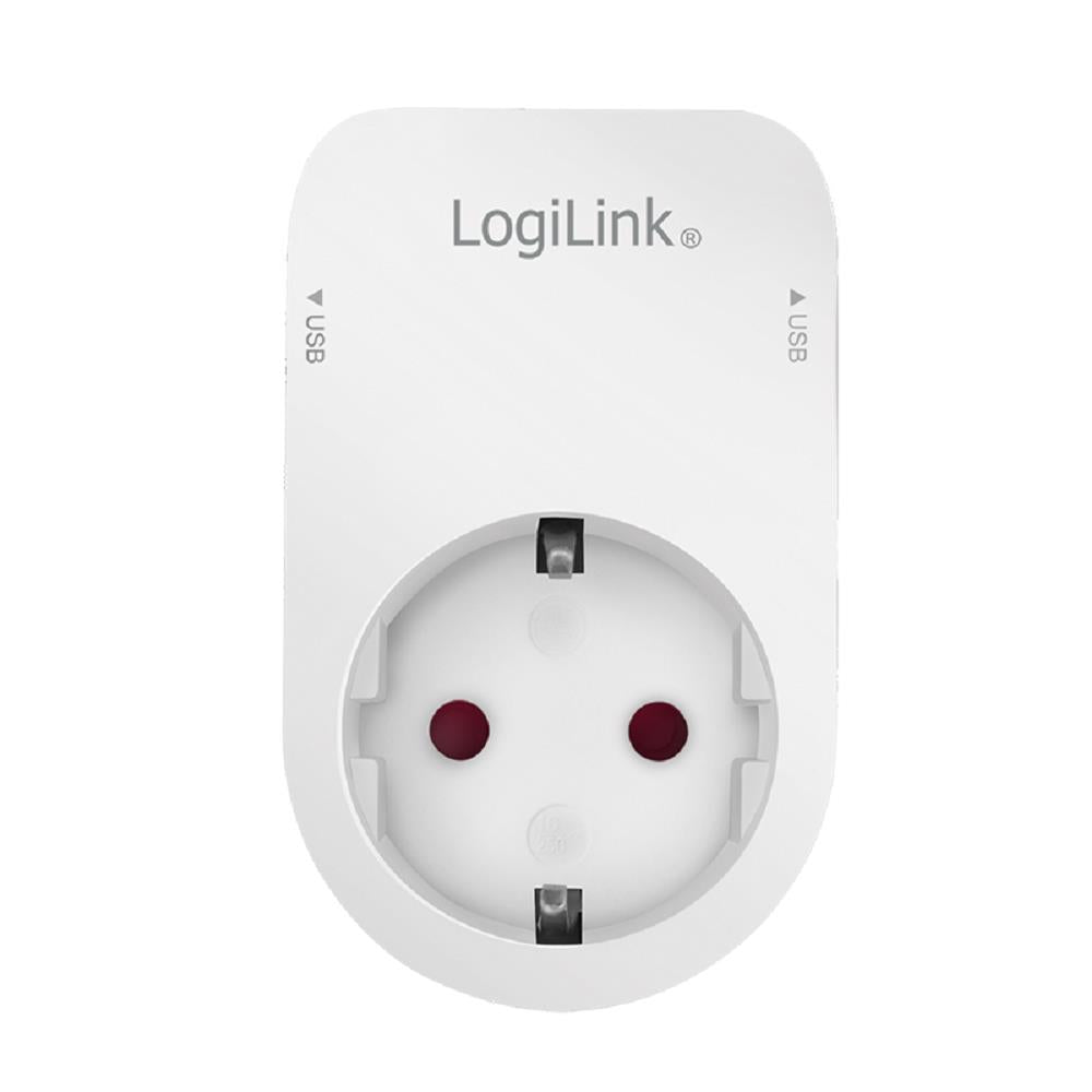 LogiLink Steckdosenadapter mit Schutzkontaktbuchse, 2x USB-A und Ablegehalterung