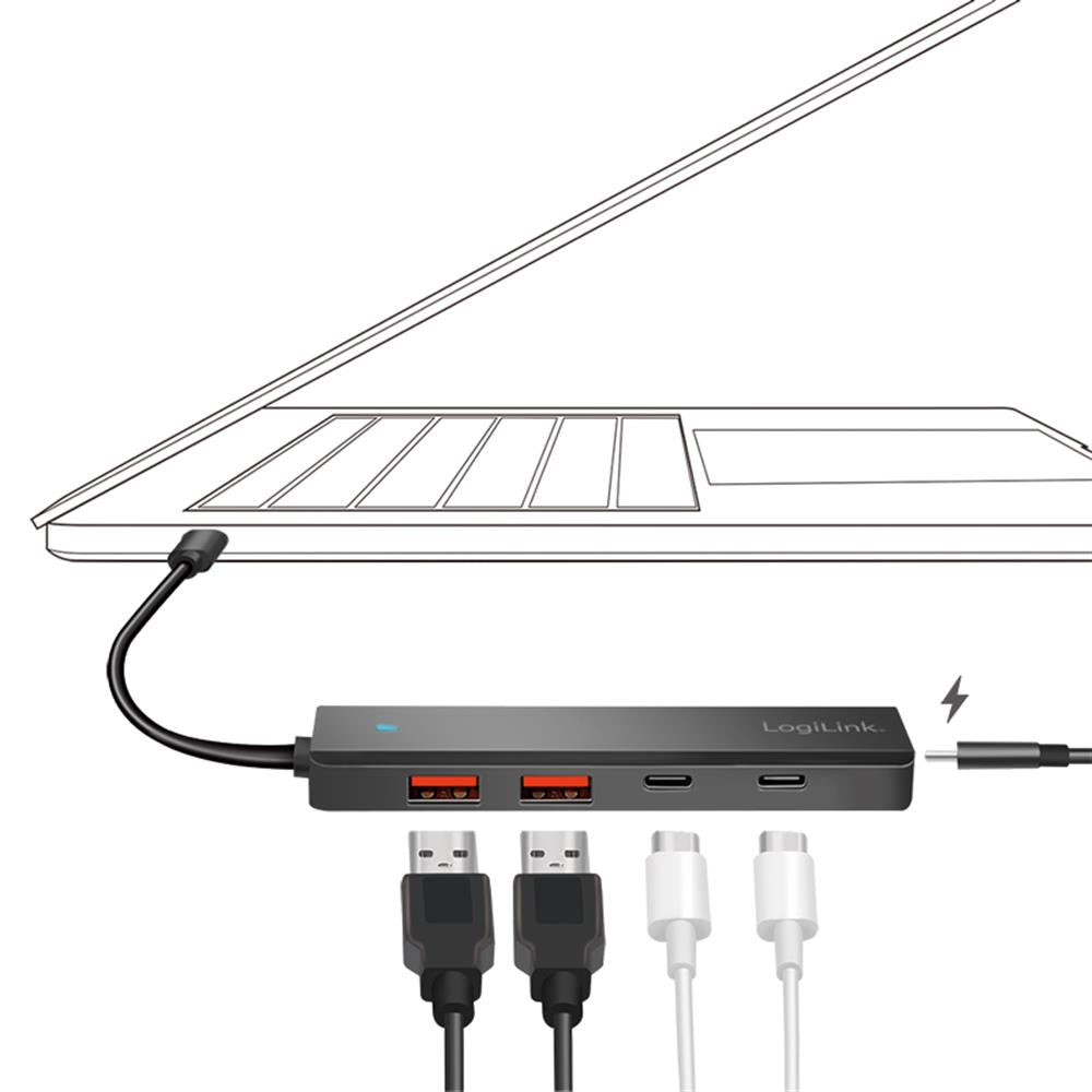 LogiLink Ultra-Slim USB-C-Hub, 4 Ports (2x USB-A, 2x USB-C), Schwarz