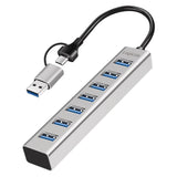 LogiLink USB 3.0 Hub, 7 Ports, 2-in-1 Kabel, 5 Gbit/s, Silber
