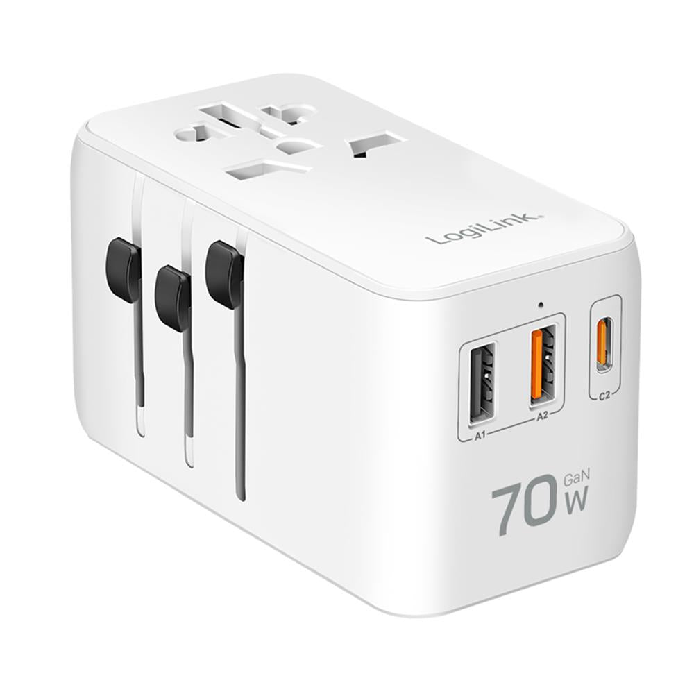 LogiLink Universal-Reisenetzteil 70W PD, 4 Anschlüsse + Kabel, Weiß