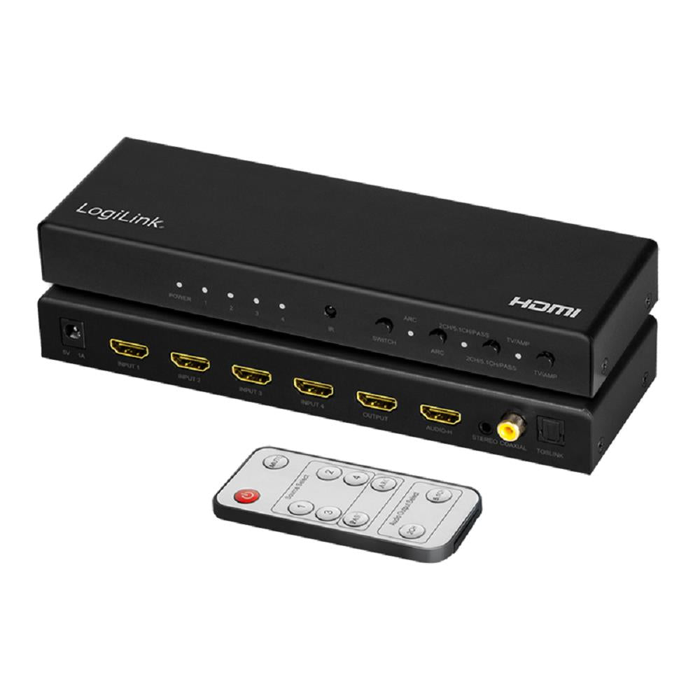 LogiLink HDMI-Switch 4x1-Port 4K/60 Hz HDCP HDR ARC Audio-Extract RC