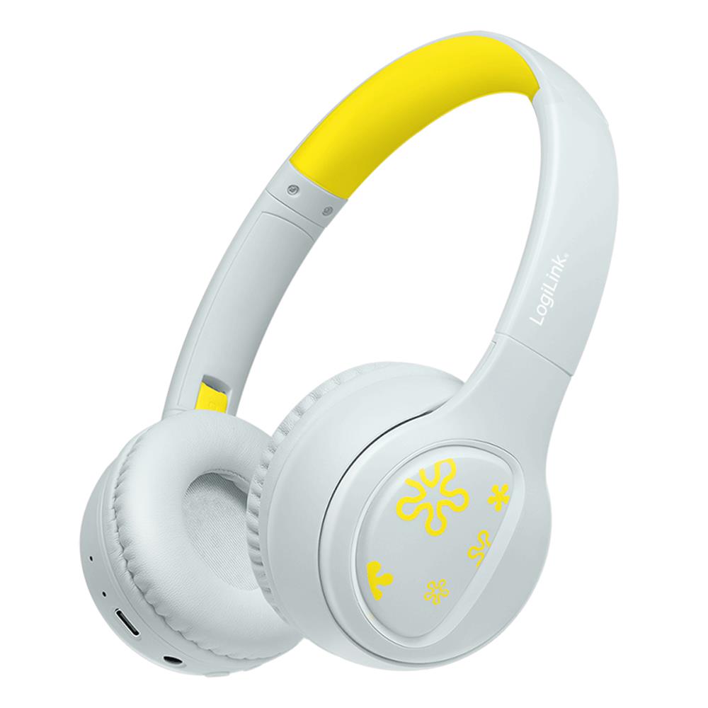 LogiLink Bluetooth 5.4 Kinderheadset, max. 85 dB, mit Mikrofon, faltbar, Hellblau/Gelb