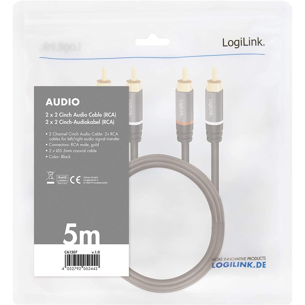 LogiLink Audio-Kabel 2x Cinch/male zu 2x Cinch/Stecker vergoldete Kontakte schwarz 5 m