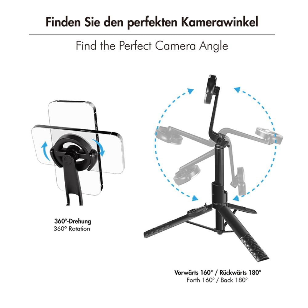 LogiLink Magnetischer Selfie-Stick, Bluetooth 5.0, MagSafe-kompatibel, 86 cm, Schwarz