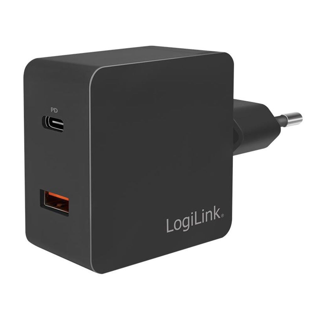 LogiLink Schnellladeadapter Dual-USB mit USB-C (PD) und USB-A (QC), 108W, Schwarz