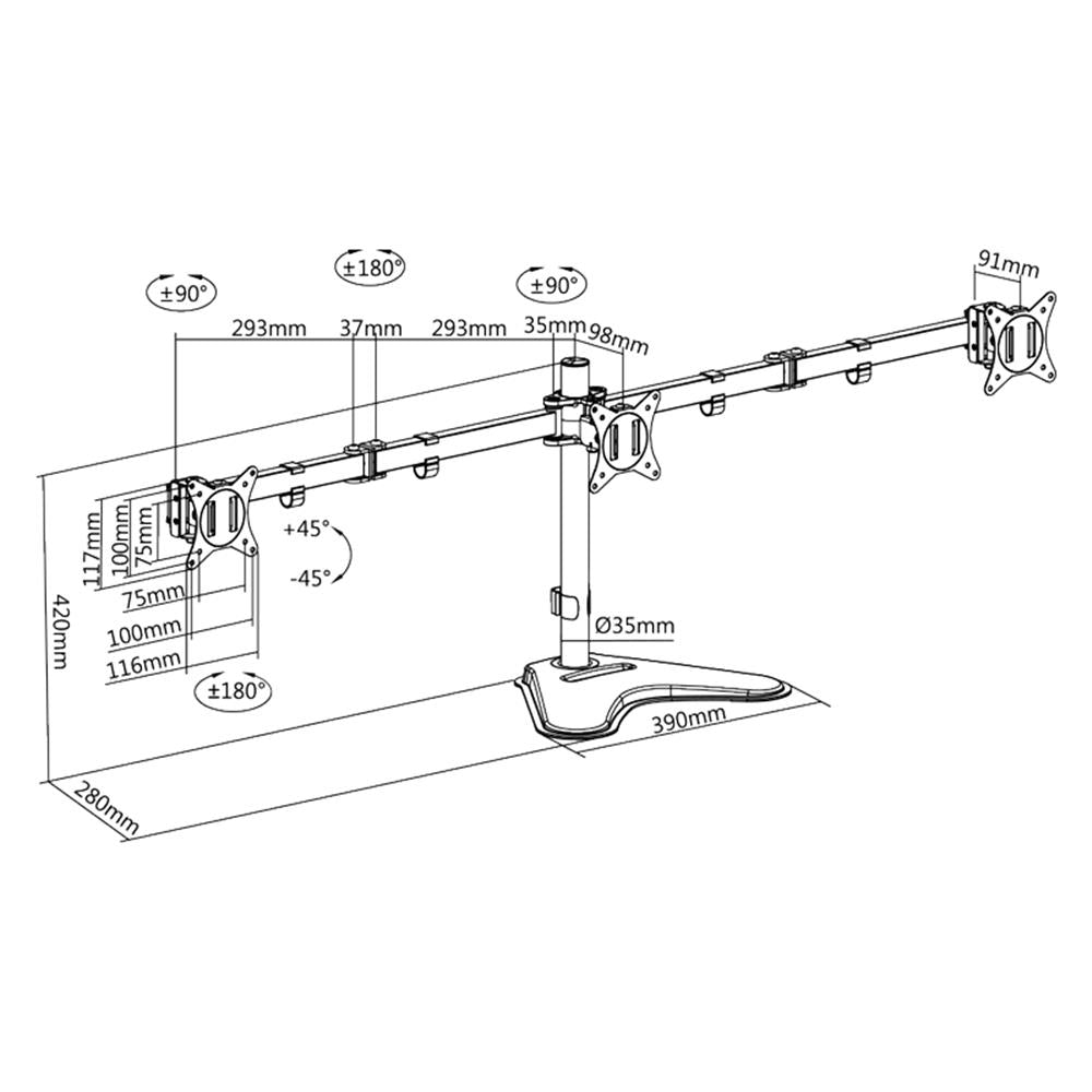 LogiLink Monitorhalterung, 3-fach, 17-27", Armlänge: je 658 mm, mit Smartphone-Halterung, Aluminium