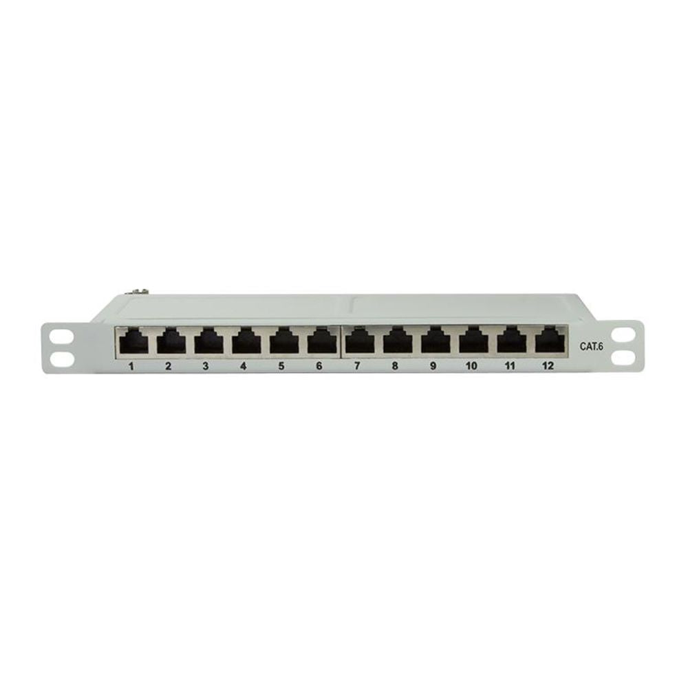 LogiLink Mini Patchpanel Cat.6 12 Ports geschirmt, 10 Zoll Einbau, 0,5 HE, Hellgrau