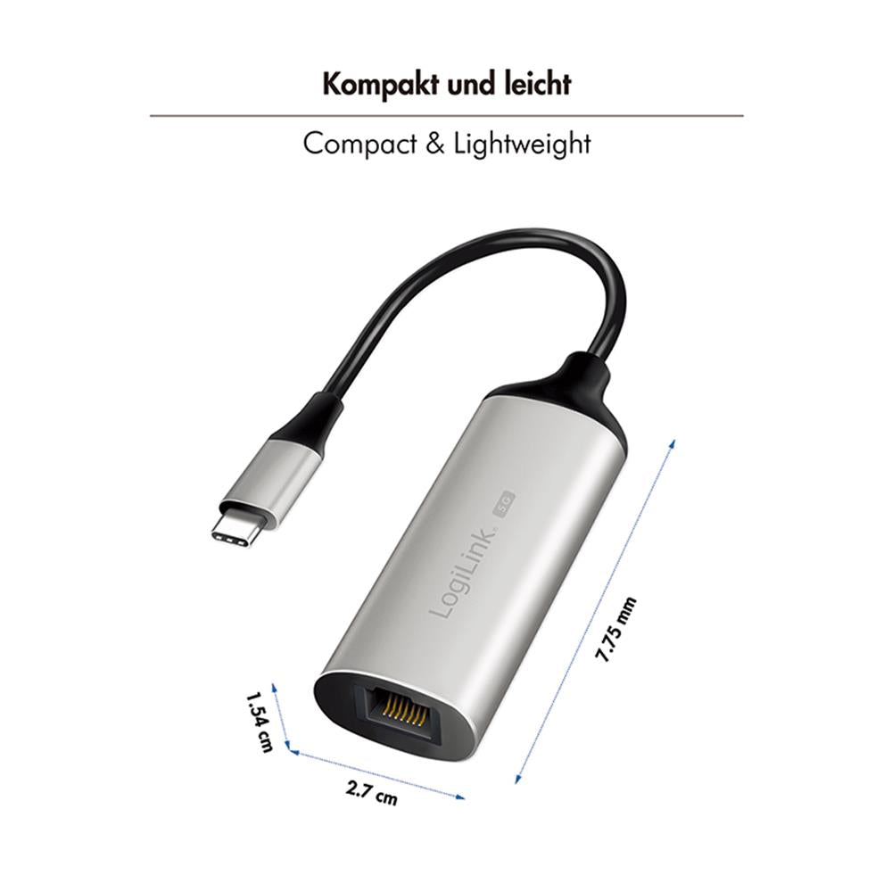 LogiLink USB-C zu RJ45 5G Ethernet Adapter – Aluminium, 5 Gbit/s, Full Duplex