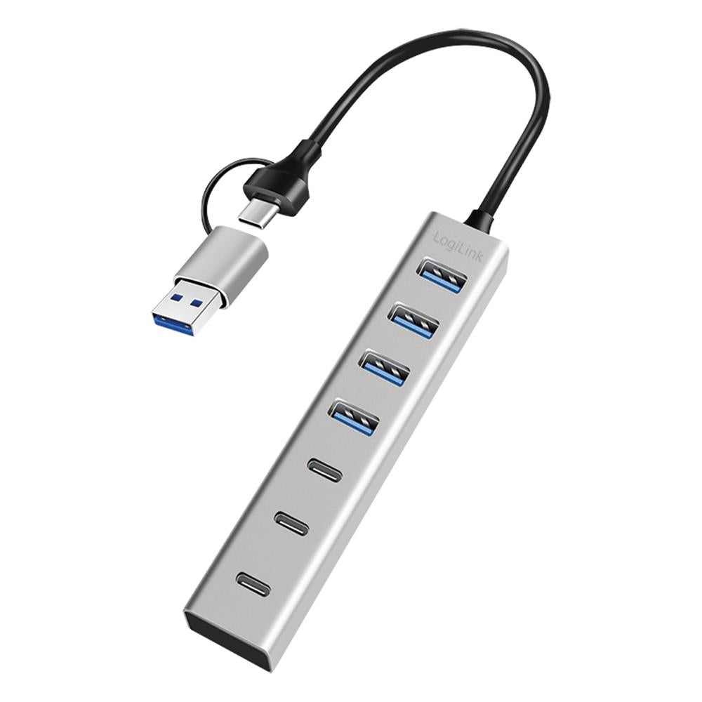 LogiLink USB 3.0 Hub, 7 Ports (4x USB-A, 3x USB-C), 2-in-1 Kabel, Silber