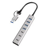 LogiLink USB 3.0 Hub, 7 Ports (4x USB-A, 3x USB-C), 2-in-1 Kabel, Silber