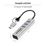 LogiLink USB 3.0 Hub mit Kartenleser, 3 Ports, 2-in-1 Kabel, Silber