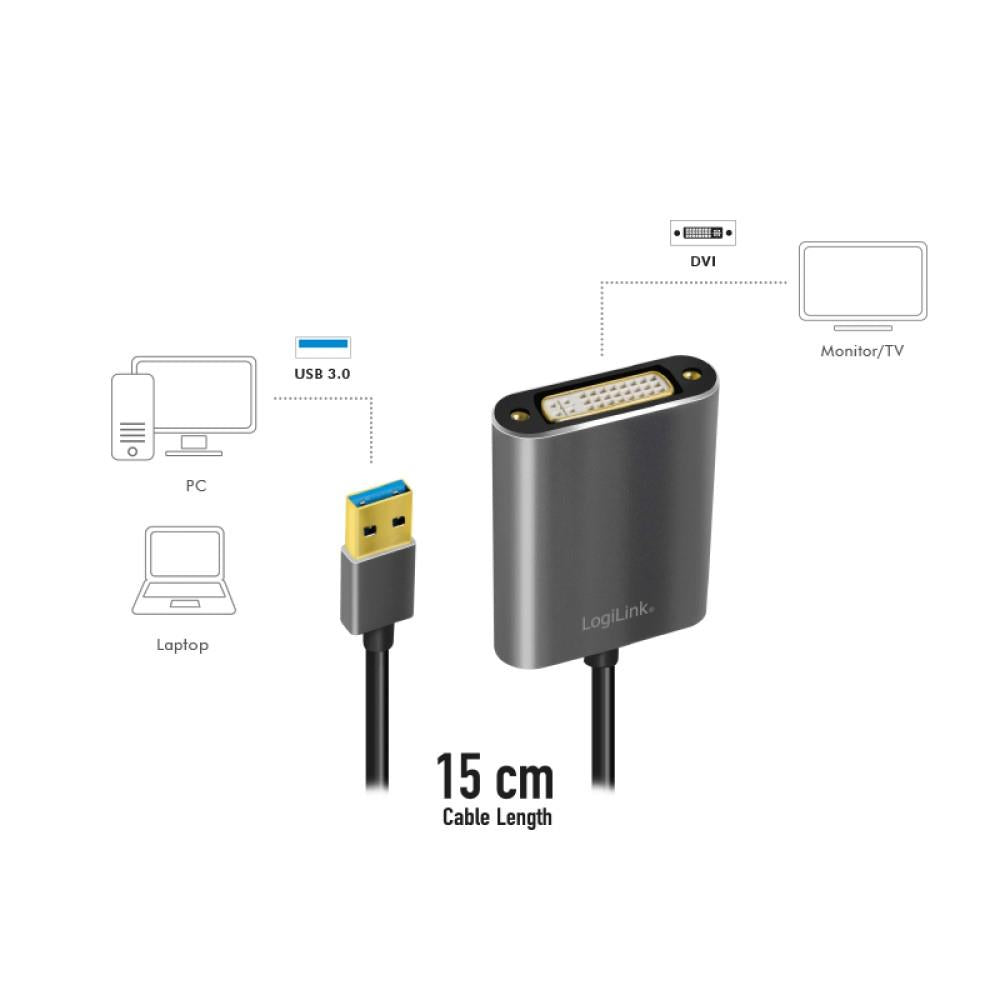 LogiLink USB 3.0-Adapter USB-A/M zu DVI/F 1080p schwarz 0,1 m